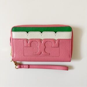 NWT Tory Burch Scallop Wallet Pink Leather with Green & White Accents